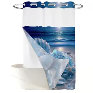 1PC 2D Flat Luxury Crystal Shell Beach Shower Curtain, Blue Sea Sparkle Starfish Design, Waterproof Detachable Liner Bathroom Curtain (No Hooks)