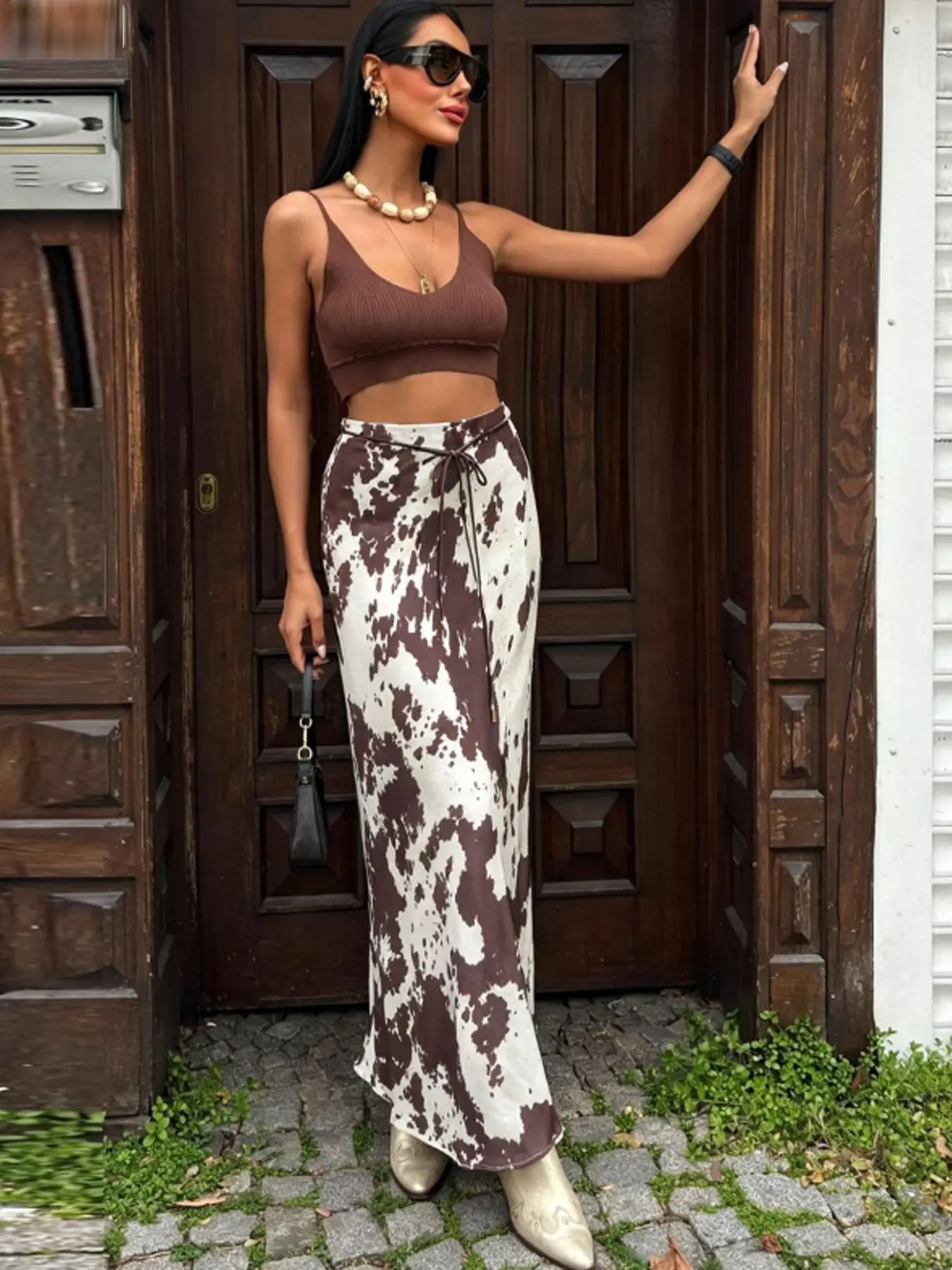 Cow Print Satin Skirt Women's Skirt Spring Summer 2026 Elegant Midi Lace-Up Smooth High Waisted Belted Fitted Design Skirt Daily Reels & Vacation Looks Skirts