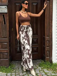 Cow Print Satin Skirt Women's Skirt Spring Summer 2026 Elegant Midi Lace-Up Smooth High Waist Skirt Daily Reels & Vacation Looks Skirts
