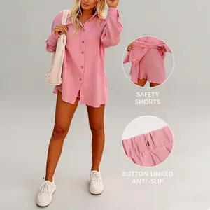 Womens Gauze Shirt & Shorts Set 2-in-1 Button Connected Oversized Long Sleeve Button-Down Top with Attachable Safety Shorts Casual Beach Cover Up Outfit#SummerVibes