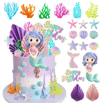 Didida Mermaid Cake Topper Big Mermaid Tails Seaweed Bubbles Shells And Golden Ginkgo Leaves Cake Set For Mermaid Under The Sea Cake Decor