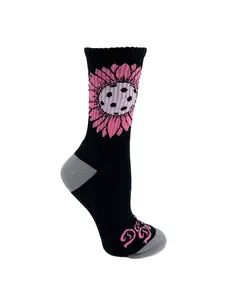 Daisy Dink Black Pickleball Sport Crew Socks with Pink Center Bold Style Comfortable Blend of Cotton Polyester Elastane for Active Women Court Ready with Cushioned Heel Toe & Unique Woven Design