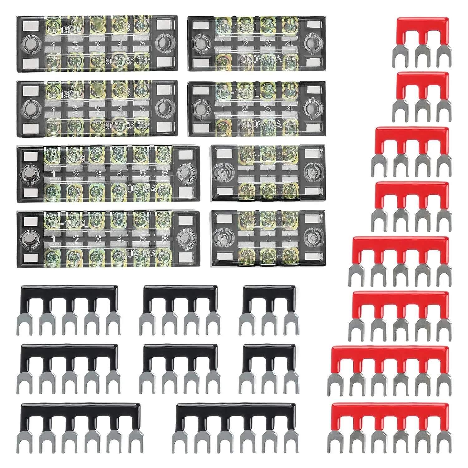 8 Sets Terminal Blocks, 8 count 3/4/5/6 Positions 600V 15A Dual Row Screw Terminal Strip Blocks with Cover, 16 count 600V 15A 3/4/5/6 Positions Pre-Insulated Terminals Barrier Strip (Black & Red)