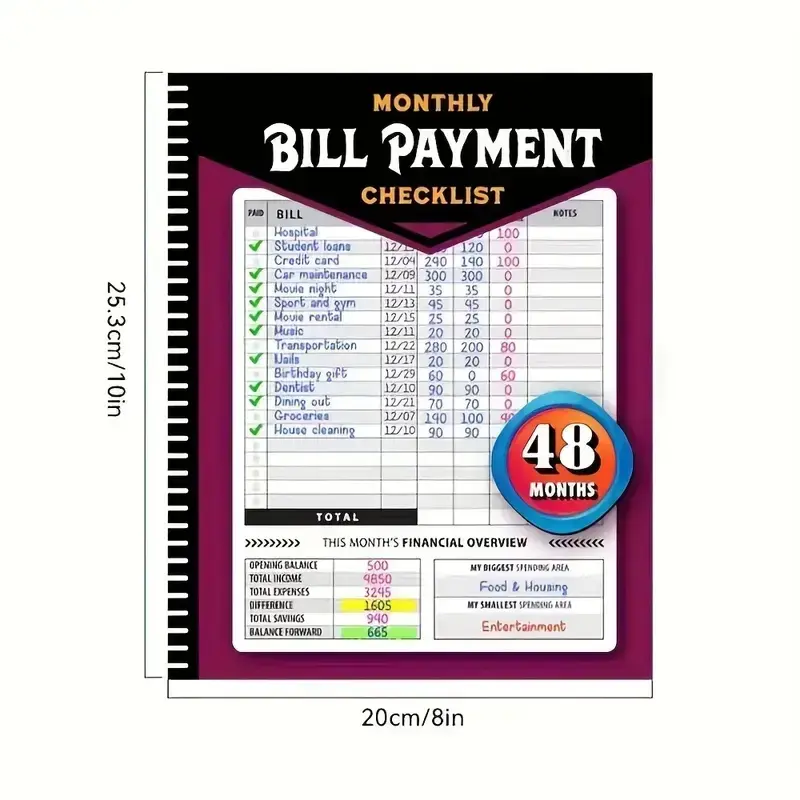 Bill Payment Tracker Paperback - English Language Version, Office Supplies, 960 Records, 48-Month Finance Tracking, Household Expense List, Monthly Financial Organizer, Bank Account Tracking, Debt Payoff Planning, Durable Bound Notebook, Graduation Gifts