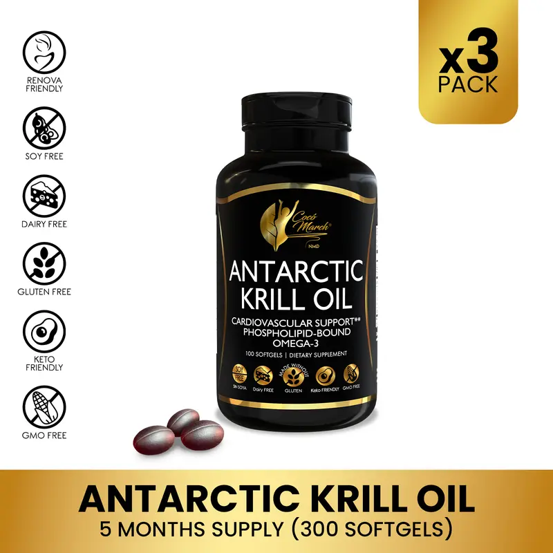 3 Bottles of Coco March N.M.D Antarctic Krill Oil Omega-3 Dietary Supplement, Essential Fatty Acids Supplement for Adults, DHA EPA - 300 Softgel Capsules per Pack