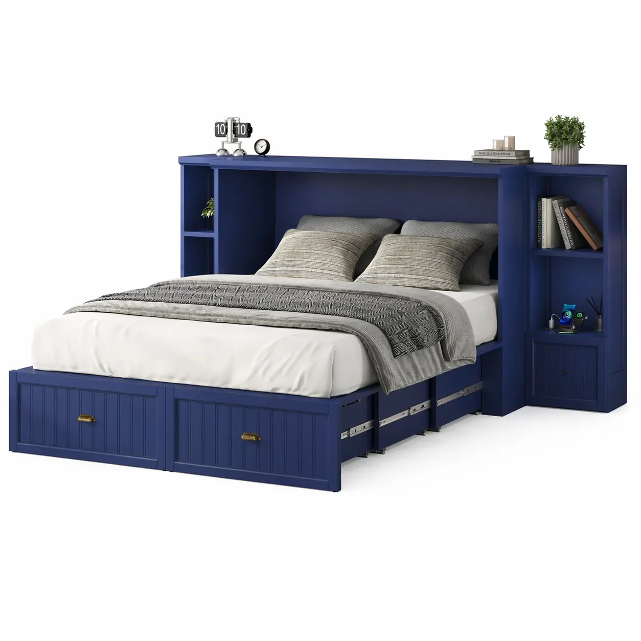 [Ships in 2 Boxes] AMERLIFE Murphy Bed with Bedside Tables, Foldable Cabinet with 3 Storage Drawers & Charging Station, Farmhouse Hideaway Bed for Bedroom/Office/Guest Room