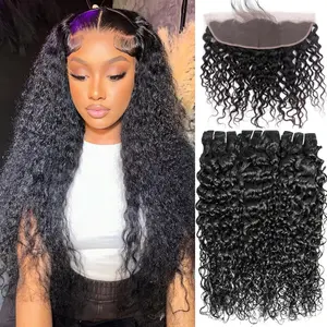Human Hair Bundles With Frontal Bundles With Closure Human Hair Bundles (18 20 22 +16，Free Part) 3 Curly Bundle With 13x4 HD Lace Frontal With Baby Hair 1B# Curly Wave Human Hair Extensions Natural black