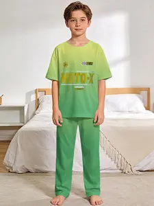 Yellow-green gradient off-road motorcycle racing pajama set with digital printed short-sleeve top and matching long pajama pants, crafted from flame-retardant fabric. A stylish, trendy, casual, comfortable and soft pajama set suitable for sleeping and hom