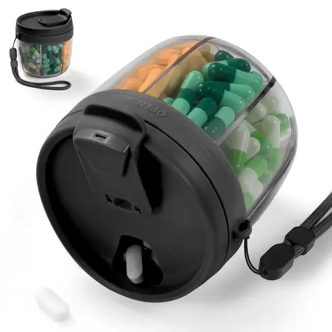 Bisphenol A-Free Plastic Pill Dispenser - 7 Slots for Meds, 7 Large Compartments, Cute Black Healthcare Organizer for All Ages, Easy-Access Wide Opening, Portable Travel-Ready for Medications Vitamins Supplements, Tidy Supply Storage