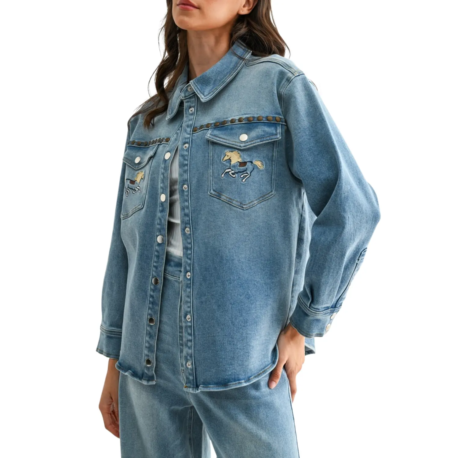 Embroidered Horse Studded Overshirt Jacket