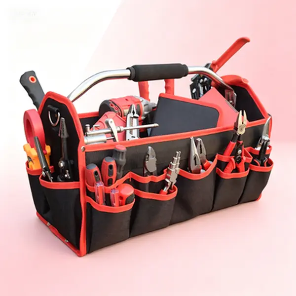 19-Inch Open Top Heavy-Duty Tool Bag, 25-Pocket Multi-Compartment Organizer with Reinforced Molded ABS Plastic Base, 1680D Fabric Duffle, Double Zipper, Adjustable Shoulder Strap for Work Electricians’ Tools/Equipment
