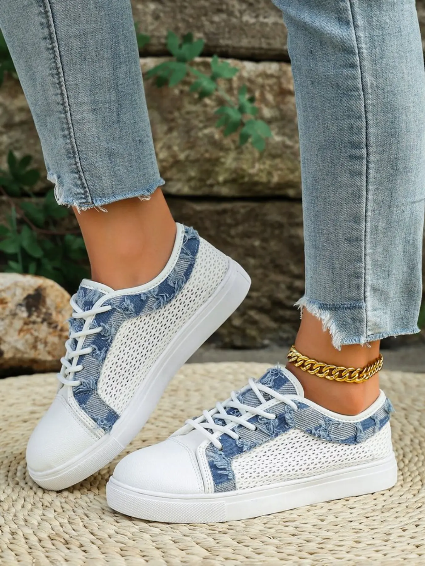 Women's Breathable Mesh Jean Patchwork Sneakers, 2026 New Model, Hollow Out Versatile Casual Shoes, Summer Thin Sports Shoes