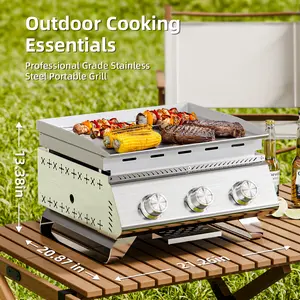 Portable Gas Grill -  3-Burner Stainless Steel Tabletop Propane Grill, 24,000 BTU Heavy-Duty Outdoor BBQ with Foldable Legs, Easy-Clean Design & Compact Build for Camping, Backyard, RV Trips, Tailgating, and Barbecues