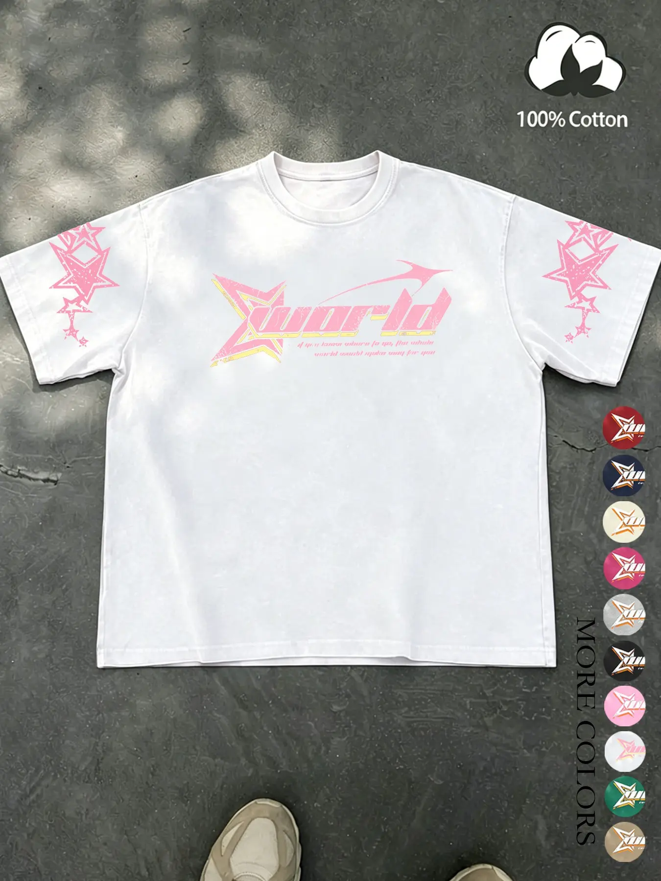 Unisex design, street style, summer American retro-avant-garde black loose-fitting short-sleeved T-shirt, high-quality cotton hoodie with the ‘Xworld’ logo and star pattern. Suitable for streetwear, Y2K, campus, hip-hop, fashion, trends, and everyday wear