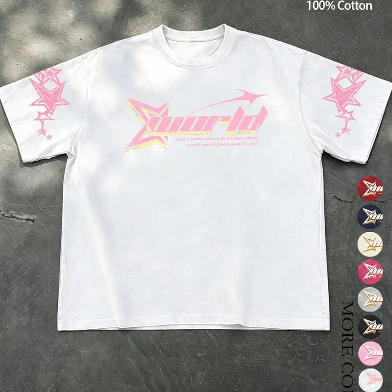 Unisex American Retro Y2K Short-Sleeve Graphic Streetwear T-Shirt, Pure Cotton, "World" Letter and Star Pattern, Hip-Hop Street Style Loose-Fit Tee for Campus and Daily Wear