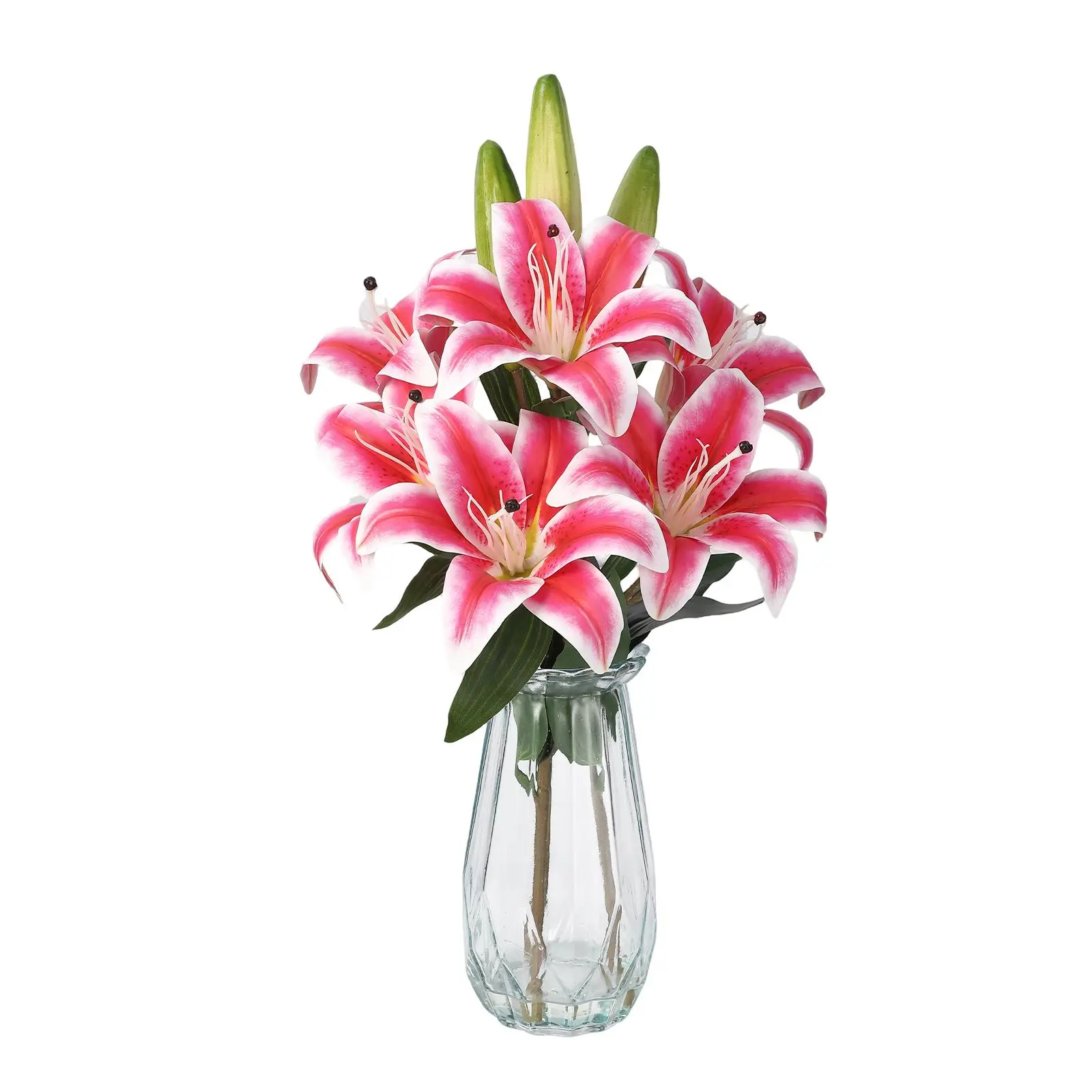 6 Pcs Real Touch Artificial Tiger Lily Flowers with Vase, 3 Stems 6 Blooms, Faux Flowers Centerpiece for Home Table, Wedding, Baby Shower, Easter & Birthday Party Decor（Rose Red）