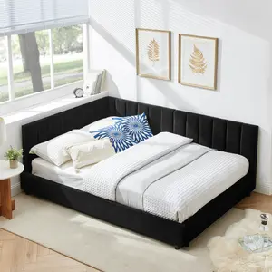 Full Size Upholstered Daybed Tufted Bed Frame, Sofa Bed Frame with Comfortable Backrest and Armrests, Full Size Bed for Bedroom, Living Room,Velvet-Black(81''*60''*29.5'')