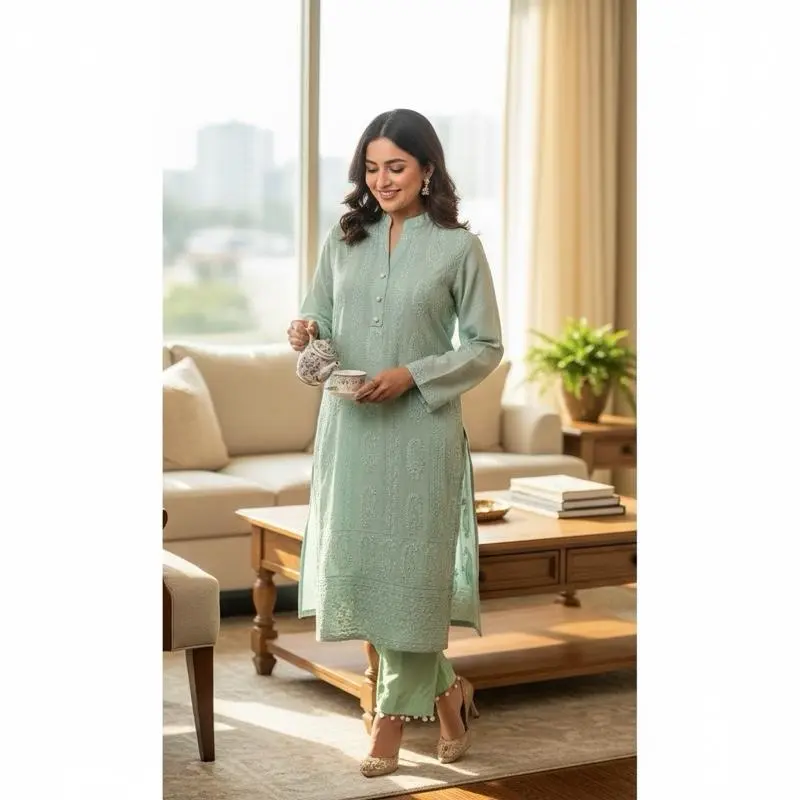 Women's Elegant Green Embroidered Kurta  with Flowing Design Chikan curry  Fabric - Women's Clothes Summer