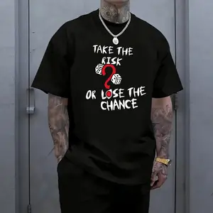 Street motivational style | Dice question mark slogan print T-shirt, oversized loose fit, heavyweight pure cotton fabric, paired with “TAKE THE RISK” motivational text print—trendy, edgy, versatile streetwear.