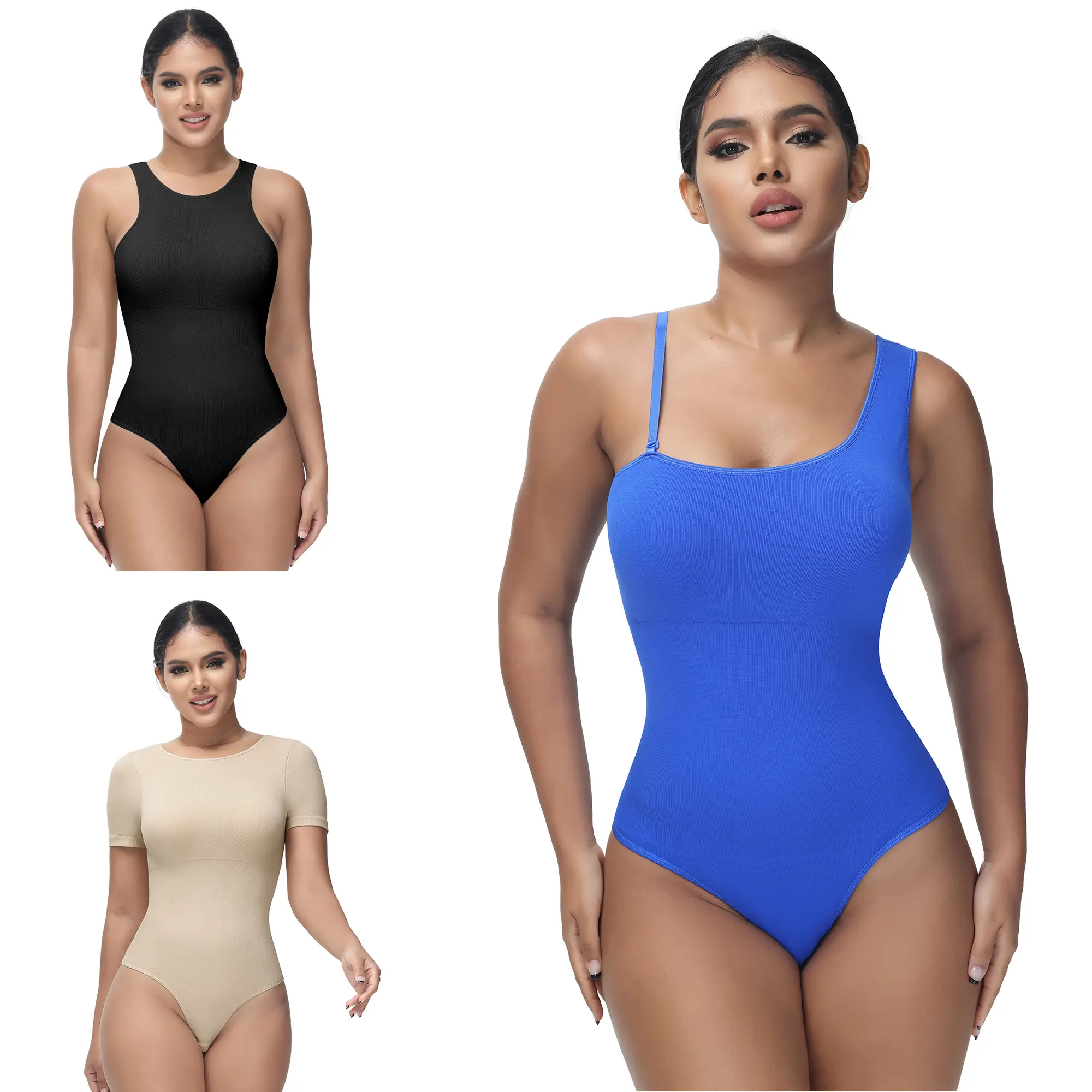 Soo slick Pack of 3 Bodysuits for Women - Tummy Control Viral Shapewear Sexy Ribbed Tank Tops Mono Strap - Short Sleeve and High Neck Bodysuit - color are random Womenswear Everyday clothes