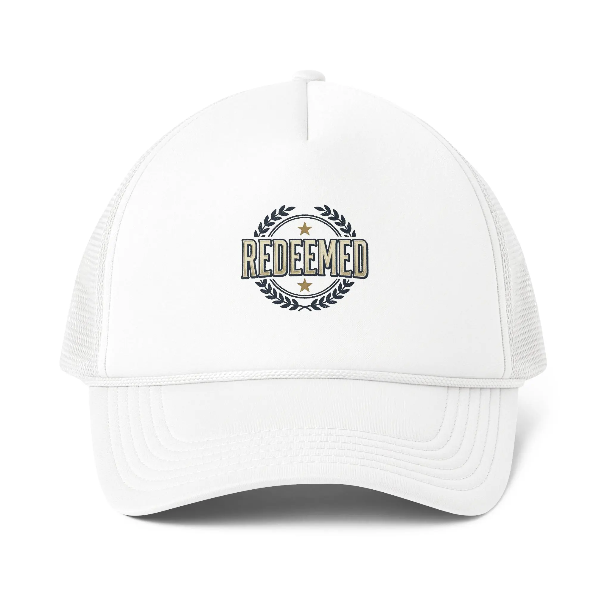 Vintage Trucker Hat with "Redeemed" Laurel Emblem, Faith-Based Graphic Cap with Foam Front and Mesh Back, Adjustable Snapback, Casual Hats, Faith-Based Graphic Hats