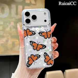 Magnetic Phone Case for iPhone 17 16 Pro Max Plus 15 14 13 12 11 Air Monarch butterfly Floral Pattern Anti-Yellowing Shockproof ultra-thin Silicone Crystal Transparent Acrylic Large Hole Cover Supports Wireless Charging, Aesthetic, Accessories