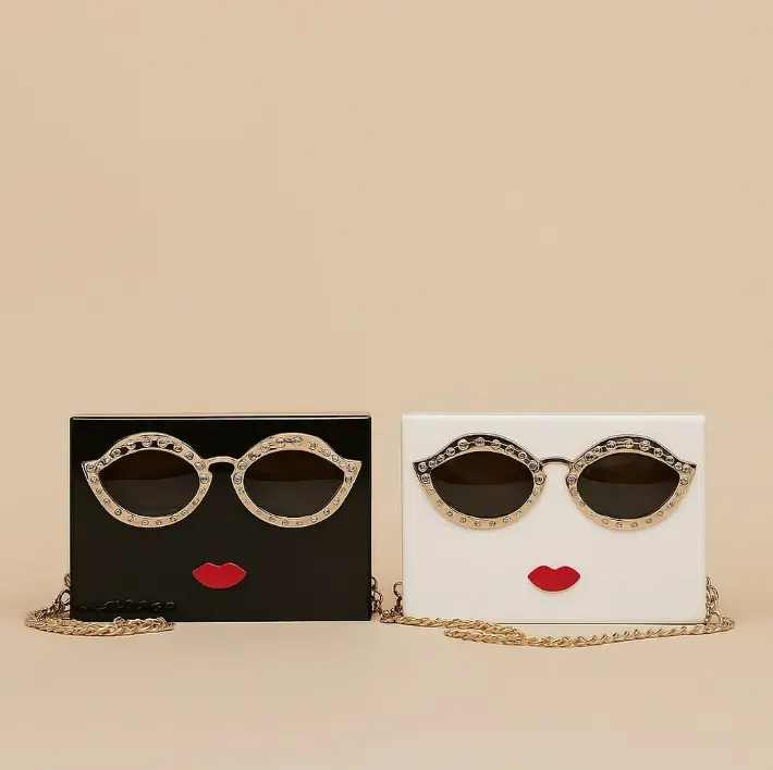 Retro Face Clutch Purse with Sunglasses 3D Lip Acrylic Box Bag