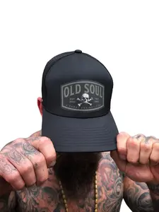 TheDriveClothing Old Soul Skull Flexfit Hat – Black Y2K Streetwear Trucker Cap, Vintage Skull Graphic Biker Hat, Mesh Back Curved Bill Snapback, Skater Gym Festival Urban Fashion