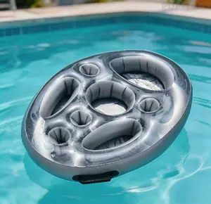 Multicolored Inflatable Floating Ice Bar Drink Holder, Floating Pool Ice Bucket with multiple cup holders and coaster. Waterproof durable inflatable tray perfect for pool parties, beach and summer outdoor use. Lightweight, easy to inflate