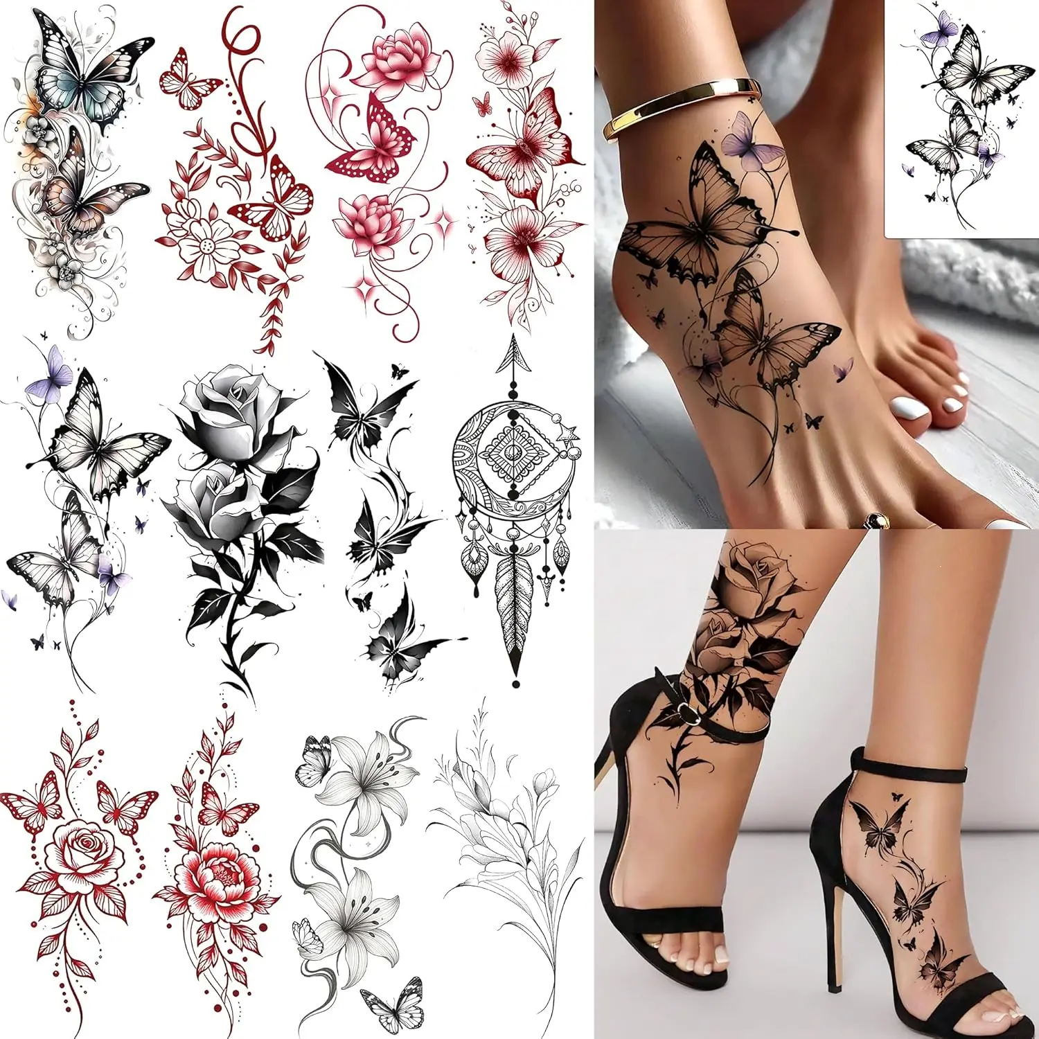 12 Sheets Beautiful Butterfly Flowers Temporary Tattoos For Women Feet Hands Body Art, Realistic Rose Peony Floral Fake Tattoo Sticker For Legs Ankle, Waterproof