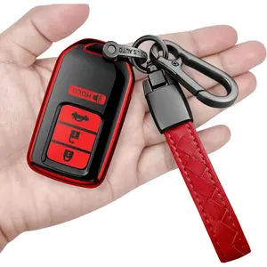 for Honda Key fob Cover with Leather Keychain,Soft TPU Full Cover Protection,Key fob case Compatible Honda Accord Civic CRV Pilot Odyssey Passport Smart Remote Key 4-Buttons (Red)