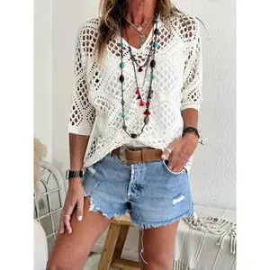 [Plus Size] Solid Hollow Out Drop Shoulder Knit Top, Casual V Neck Three Quarter Length Sleeve V Neck Knitwear for Summer, Women's Plus Crochet Clothing for Daily Wear