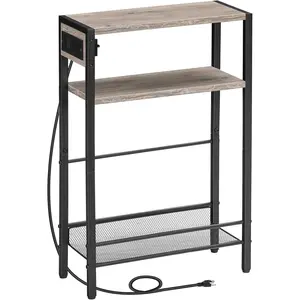 Small Narrow Side Table with  Station, Skinny End Table for Small Spaces, Slim Nightstand with USB Ports Outlet, Sofa Beside Table with Storage Shelf, Greige and Black BG102UBZ01