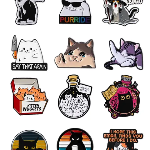 12-Piece Cute Cat Enamel Pin Set, Whimsical Cat Designs for Cat Lovers and Collectors, Adorable Animal-Themed Accessories, Decor Pins, Collectible Pins, Drop Set Pins
