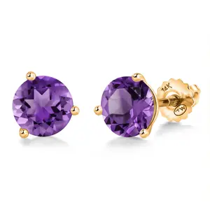 Gem Stone King 14K Yellow Gold Martini Earrings | 3 Prong Screw Back Stud Earrings For Women Men | Round 6MM | Gemstone Birthstone | Gold Earrings For Women Men