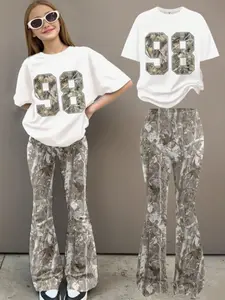 Teen Girls' Casual Loose Fit Round Neck Short Sleeve Top & Bell Bottoms Set, Camo Leaf Print, Summer & Fall