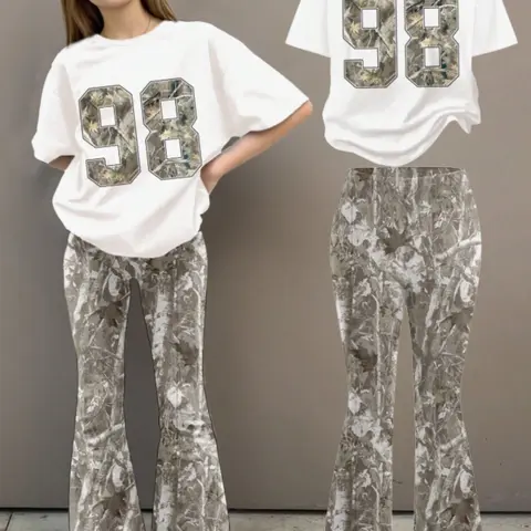 Teen Girls' Casual Loose Fit Round Neck Short Sleeve Top & Bell Bottoms Set, Camo Leaf Print, Summer & Fall, Clothes