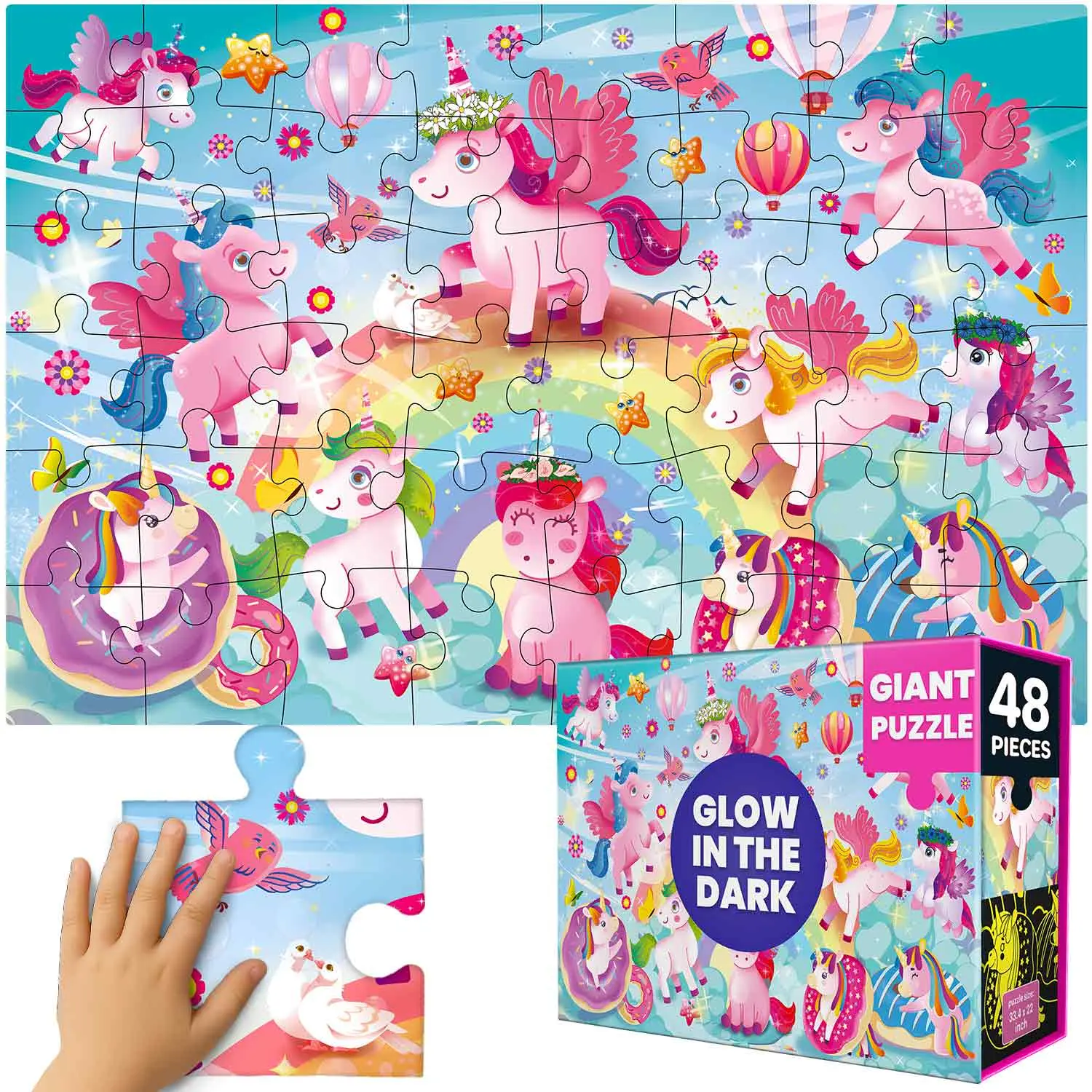 QUOKKA Giant Glow-in-the-Dark Floor Puzzle for Kids Ages 4-8 - 48 Pieces, Magical Unicorn Adventure Theme, Glow Feature, Floor Puzzles
