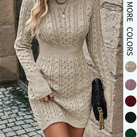 Women's Plain Round Neck Cable-Knit Bodycon Sweater Dress, Dresses with Sleeves, Womenswear Elegant Fashion Casual Long Sleeve Jumper Dress for Everyday Wear, Women's Knitwear for Fall & Winter