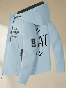 Women's Trendy Hooded Jacket (Light Blue) Available With "it is WHAT it is" Relaxed Vibe Slogan Print Minimalist & Healing Style Aesthetic Easy Pull Zipper Pocket Loose Fit Soft Fabric Casual Versatile