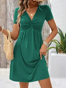 Elegant Women's Knitted V-Neck Twist Knot Design Pencil Dress, Pure Color Knee-Length Skirt, Perfect for Spring & Summer