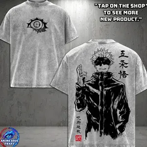 Gojo Satoru The honored one the strongest line art sillhouette JJk Jujutsu Kaisen Anime Manga 2 sided Washed T-shirt Top Menswear Soft Streetwear graphic tee Q5U