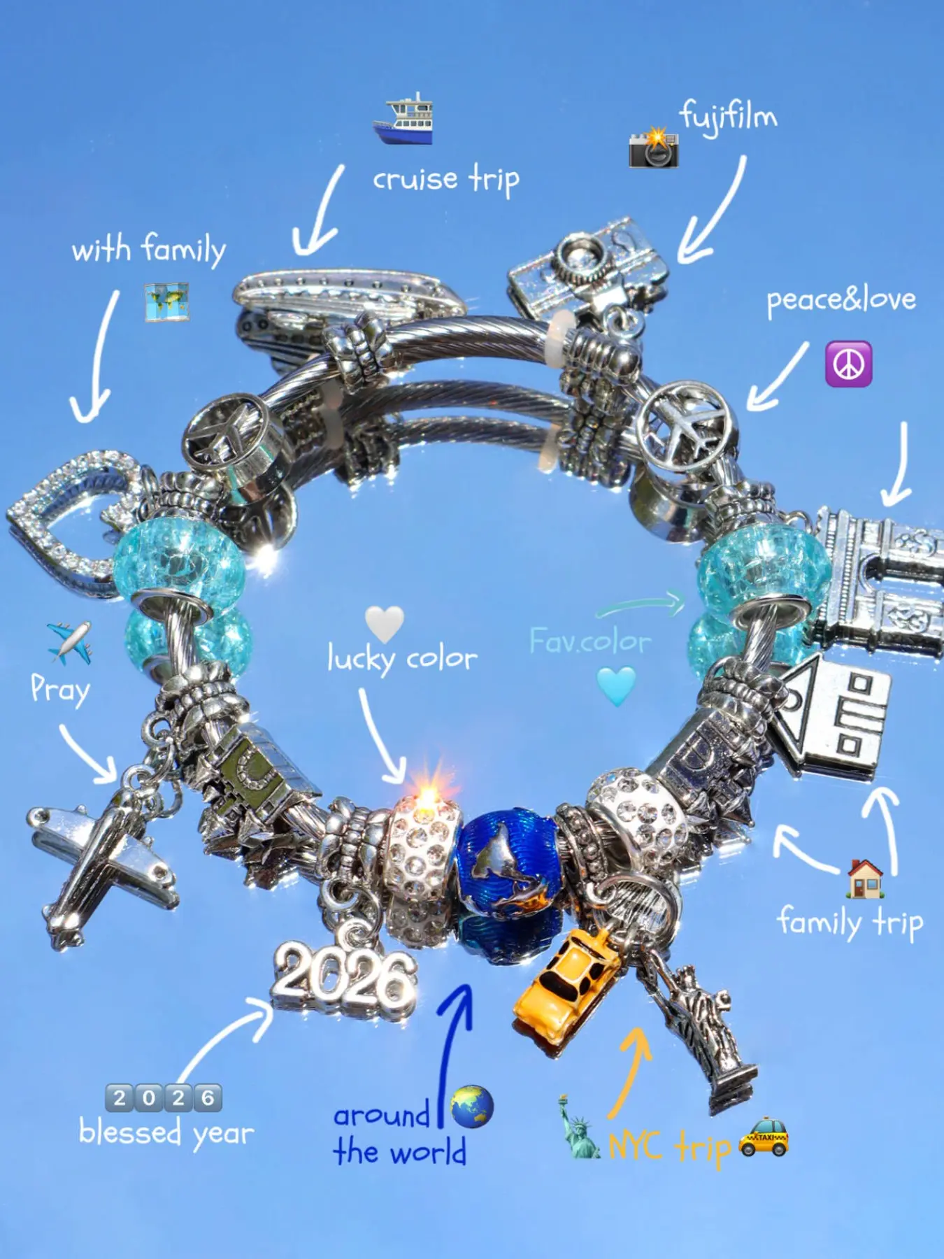 Travel Memorial Bracelet, Jewelry Bracelet, 2026 Blessed Year Charm Bracelet, Statue of Liberty Pendant, Arc De Triomphe Flight Bracelet, Vintage Heart Bracelet, Peace Symbol DIY Bracelet, Fashion Bracelet