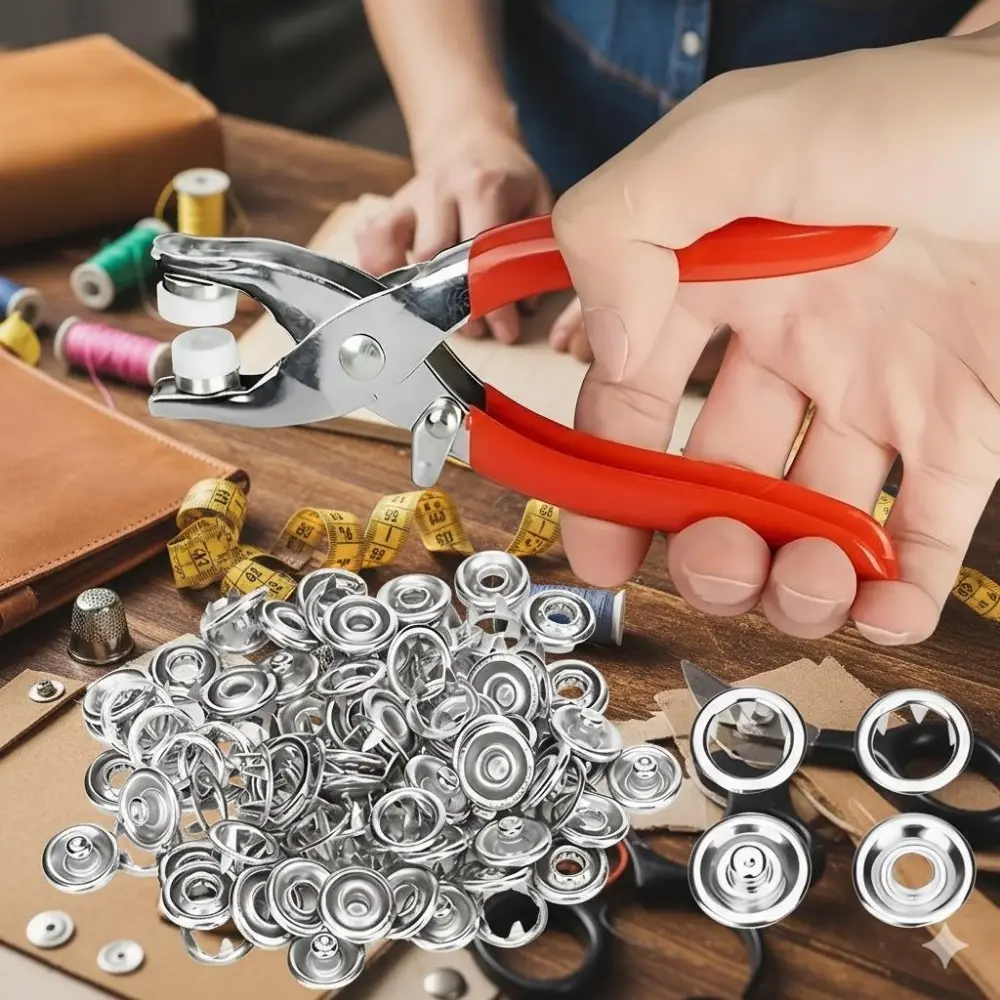 Heavy Duty Leather Punch Pliers, Metal Button Fastener & Sewing Tool Kit, Anti-Slip Grip Corrosion-Resistant Stainless Steel, DIY Fabric Grommet Puncher for Clothing, Bags, Pants Accessory Installation, Sewing Supplies Crafts, Hand Tools
