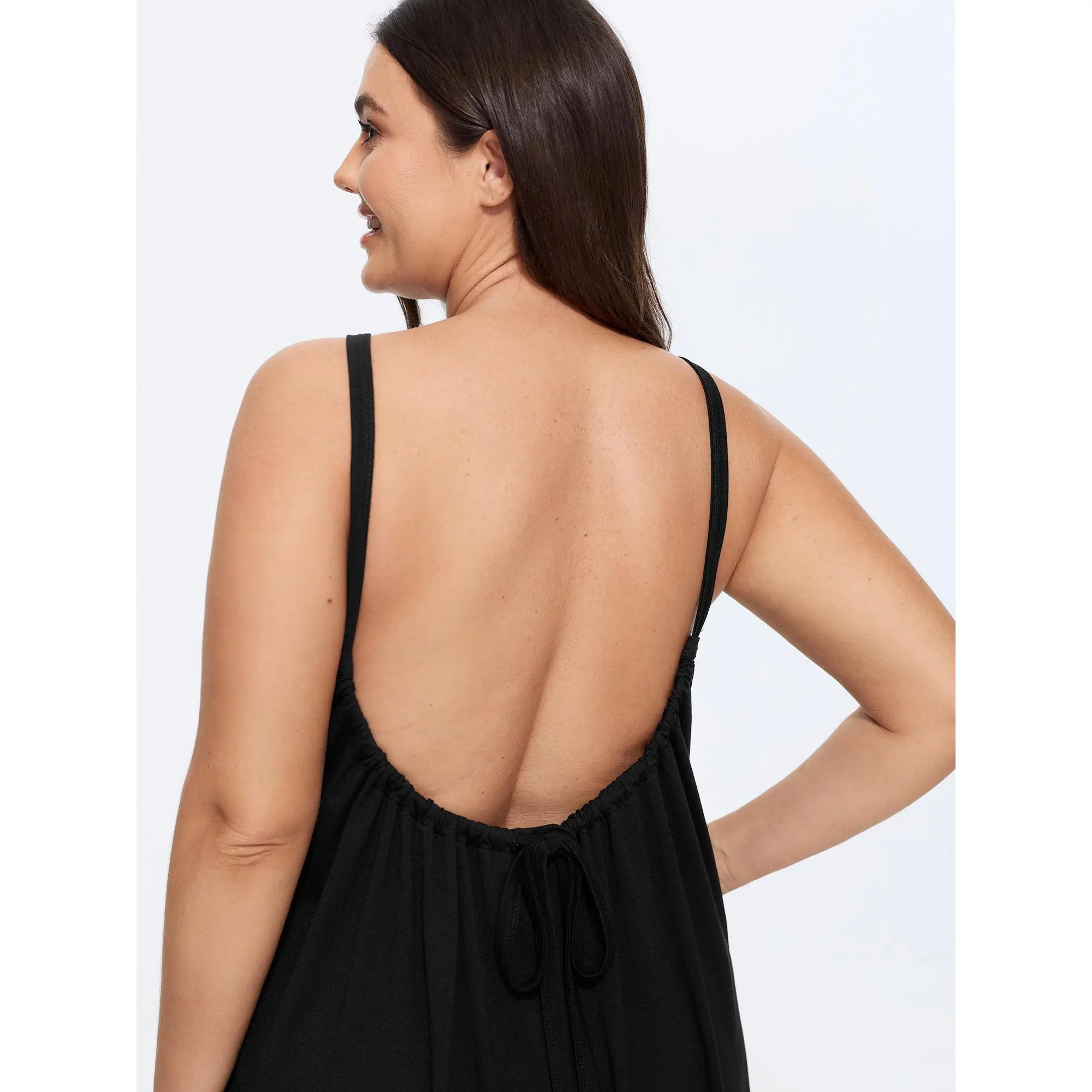 BloomChic Plus Size Solid Lounge Dress, Supersoft Sleeveless Pleated Backless Summer Mini Dress in Spandex Fabric with a Pocket, Garment, Casual Wear, Polyester, Basic, Women
