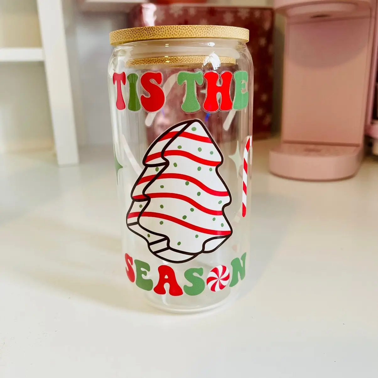 Little Debbie Christmas tree glass cup with lid and straw
