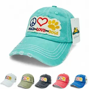 "Peace Love Dogs" Vintage Distressed Embroidered Patch Baseball Cap - 100% Cotton, Breathable, Casual, Adjustable, UV Protection