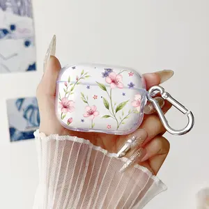 Pastel Floral Pattern Protective Case for AirPods 4/3/2/1/Pro/Pro2 Soft TPU Earphone Cover, Transparent with Keychain