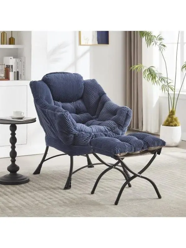 Navy Blue Lazy Chair with Ottoman, Comfortable Lounge Armchair with Side Pocket, Modern Upholstered Reading Chair with Footrest for Bedroom, Living Room or Corner Space