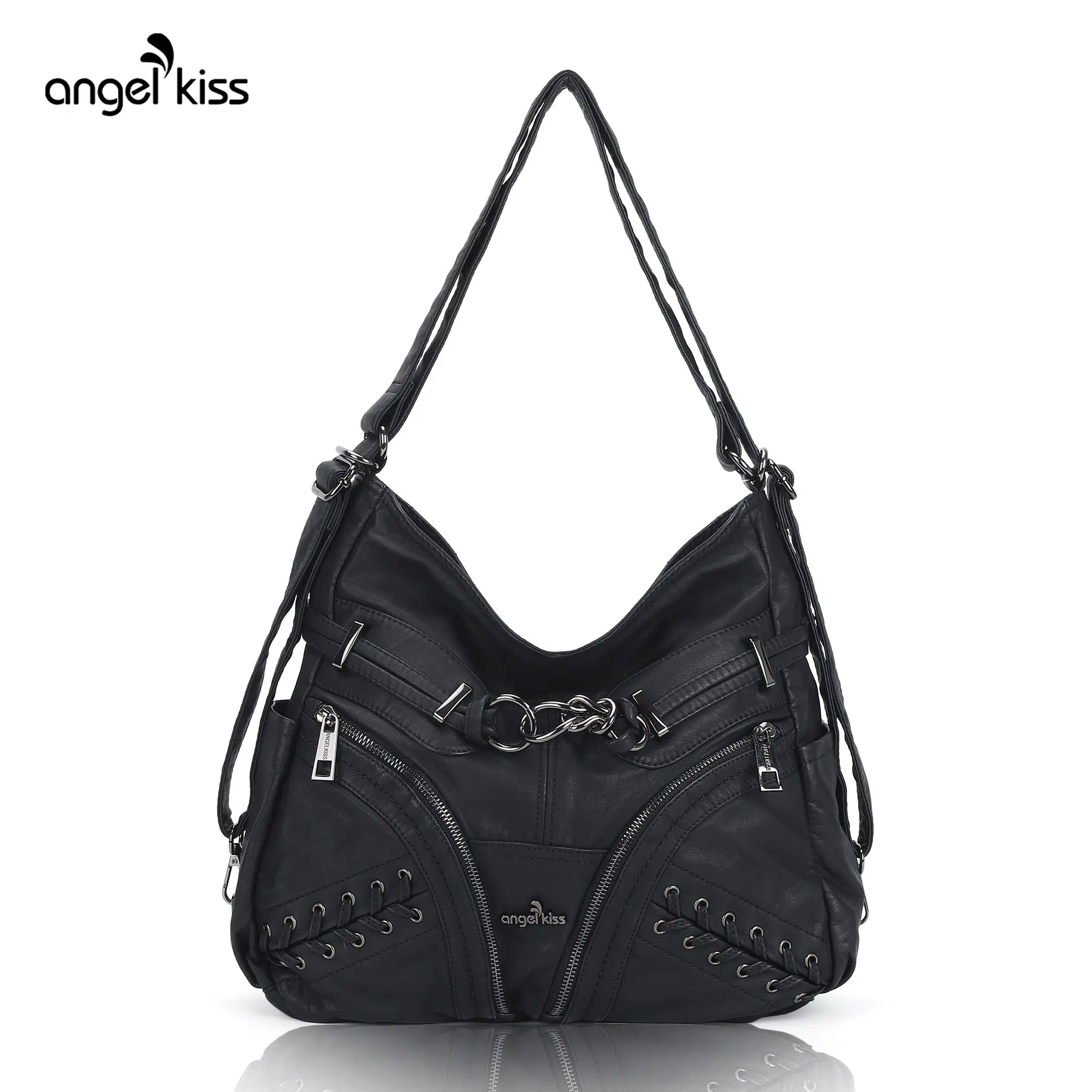 Angel Kiss Bag for Women - Black Leather Single-Shoulder Lightweight Purse Shoulder Bag with Zipper, Multi-Pocket Soft Design, Detachable Strap Crossbody Tote